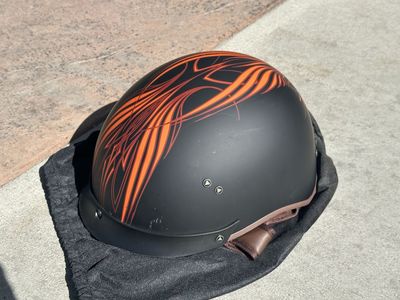 Large Matte Black Motorcycle Helmet with Orange Pinstripe Graphics and Sun Visor