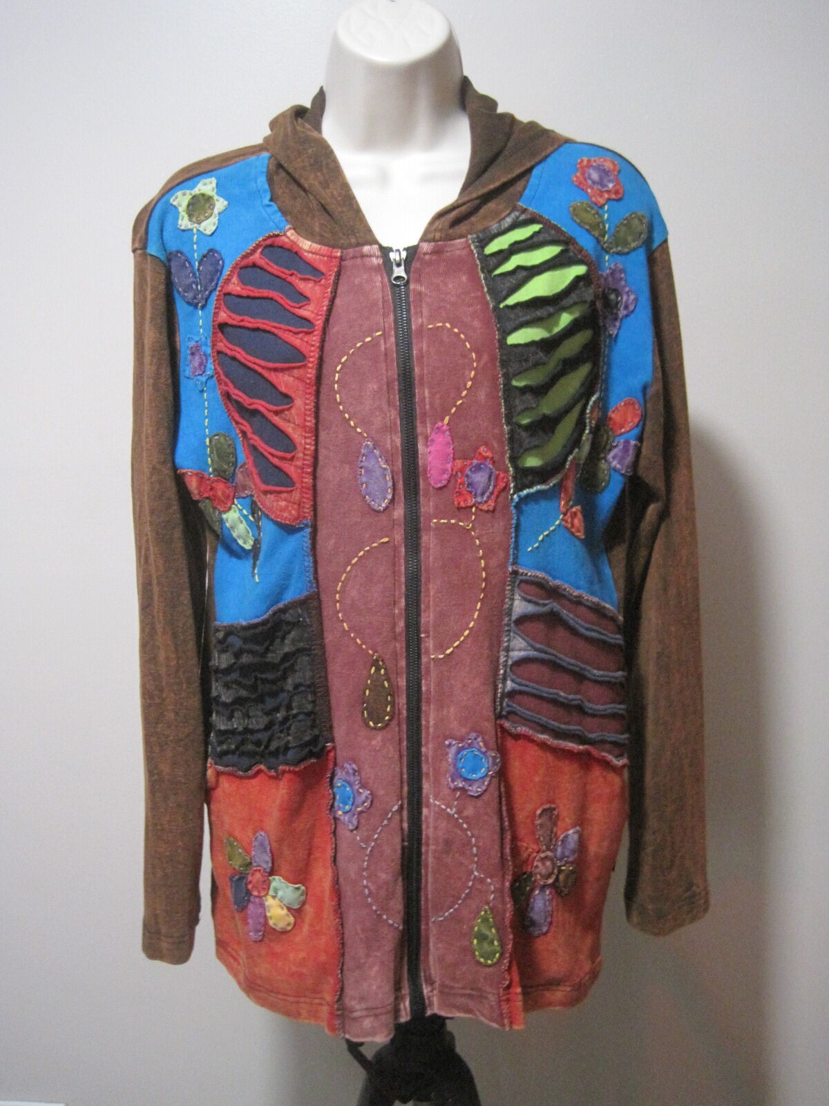 Rising International Women's Large Brown Colorful Hoodie Jacket Floral Patchwork