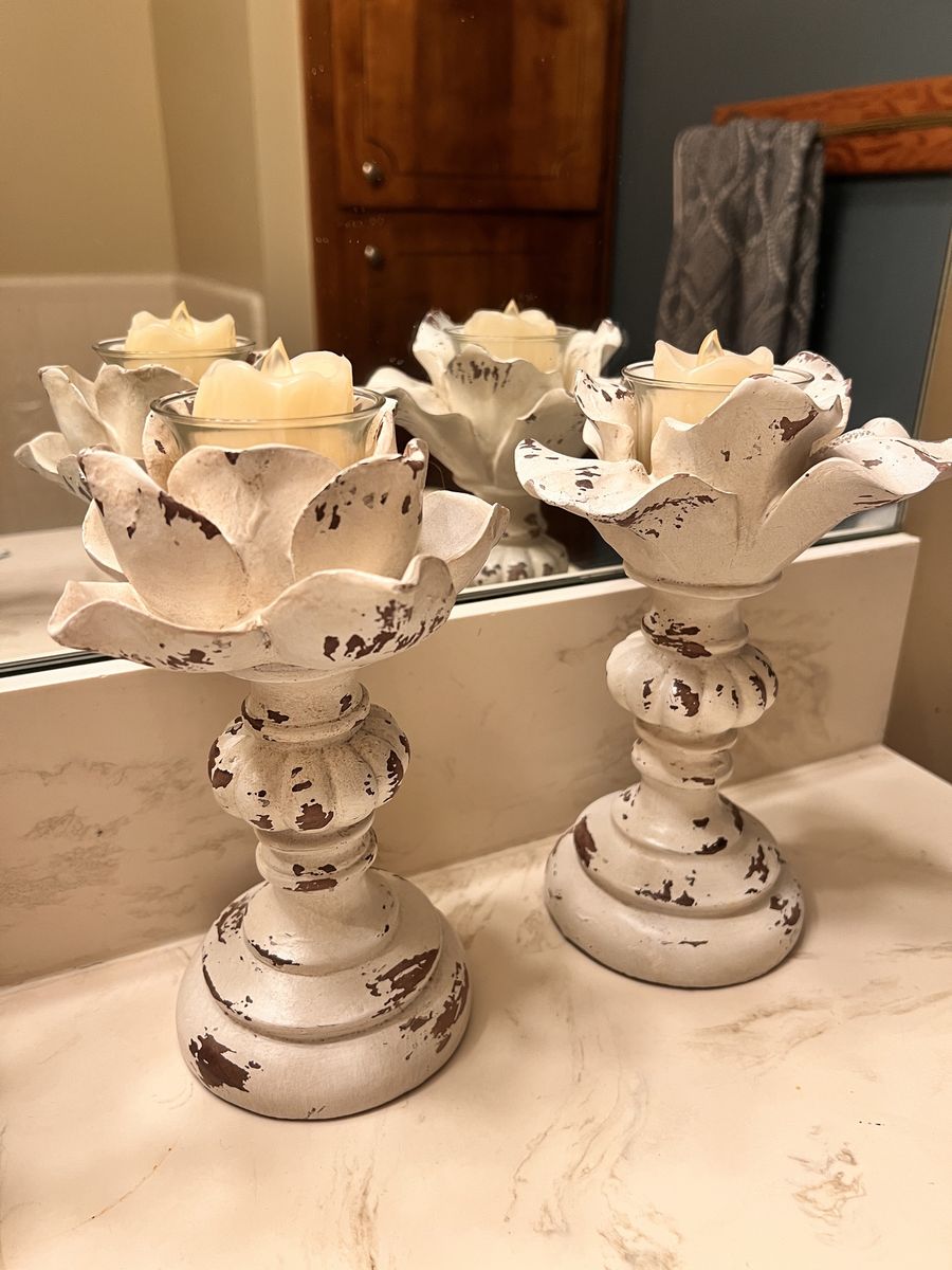 Shabby Chic White Distressed Wood Lotus Candle Holders - Pair (with LED Tealights)