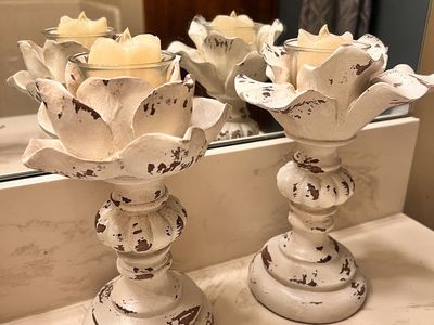 Shabby Chic White Distressed Wood Lotus Candle Holders - Pair (with LED Tealights)