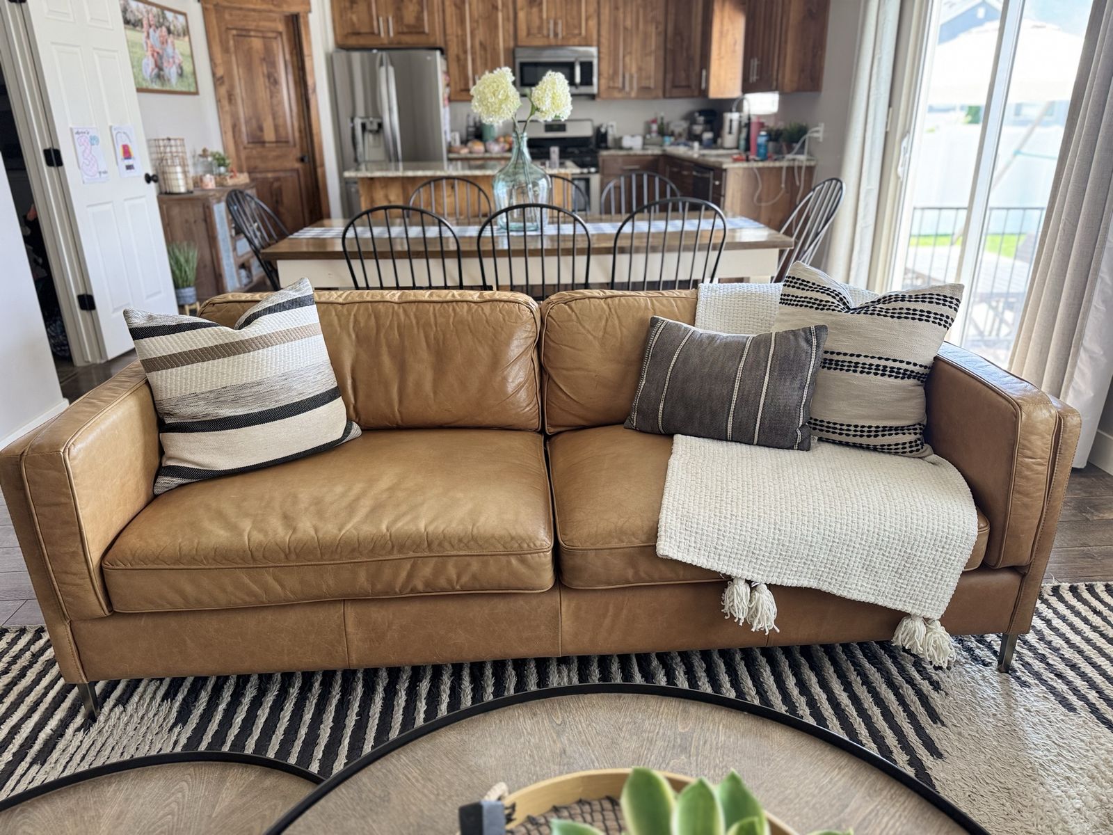 Modern Tan Leather Sofa Couch with Metal Legs