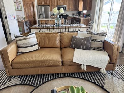 Modern Tan Leather Sofa Couch with Metal Legs