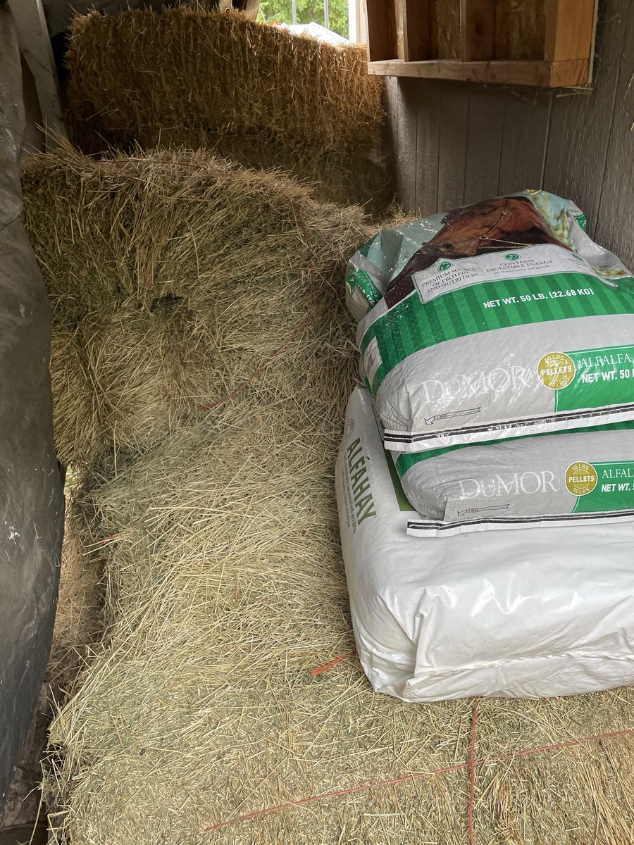 Hay Bales and DuMOR Alfalfa Pellets 50 lb Bags