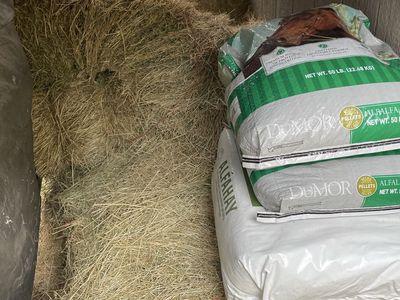 Hay Bales and DuMOR Alfalfa Pellets 50 lb Bags