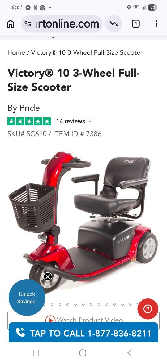 Pride Victory 10 3-Wheel Full-Size Mobility Scooter w/ Basket & Charger