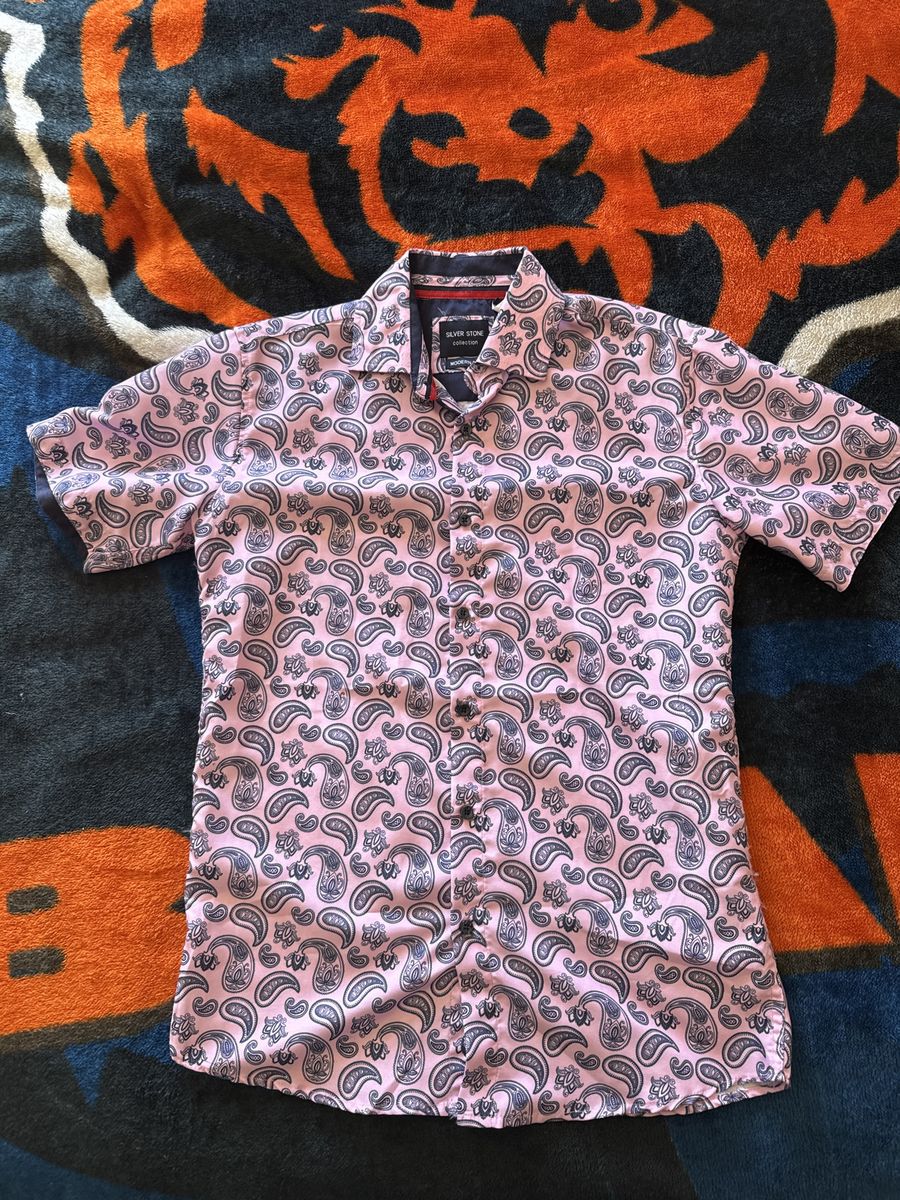 Silver Stone Collection Men's Pink Paisley Cotton Short Sleeve Button-Up Shirt, Size Large