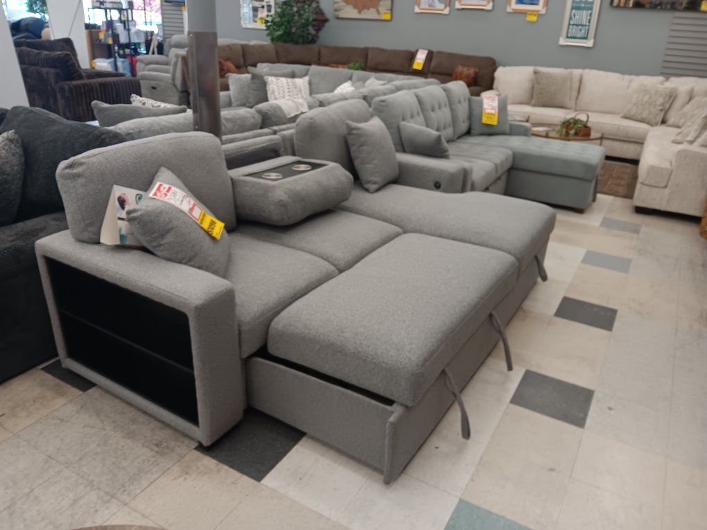 Gray Fabric Sleeper Sectional Sofa with Pull-Out Bed, Chaise, Cupholders, and Storage Arm