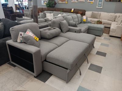 Gray Fabric Sleeper Sectional Sofa with Pull-Out Bed, Chaise, Cupholders, and Storage Arm