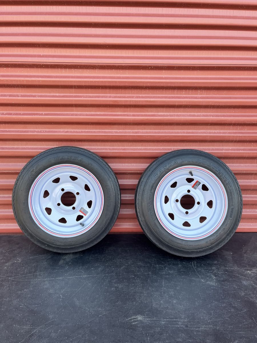 Brand New Set of 2 Wanda ST 4.80-12 Trailer Tires Mounted on New White Spoke Wheels  4 on 4 Pattern