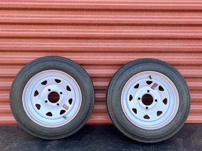 Brand New Set of 2 Wanda ST 4.80-12 Trailer Tires Mounted on New White Spoke Wheels 4 on 4 Pattern