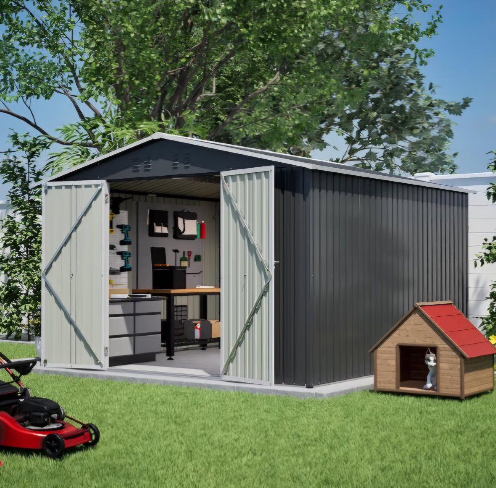 YOPTO 10 x 10 FT Outdoor Storage Shed,Heavy Duty Tool Sheds Metal Storage Garden Shed with Sloped Roof and Lockable Doors,Large