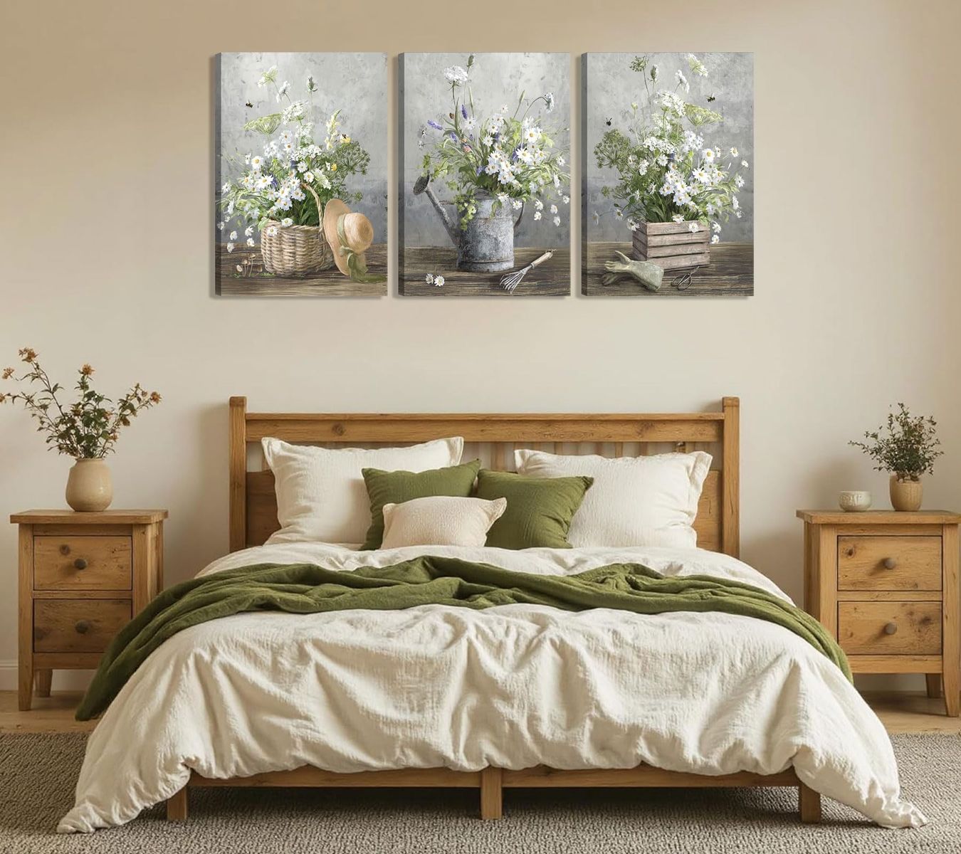 New! 3pcs Country Daisies Canvas Wall Art Countryside Flower Painting Picture Wall Decor Farmhouse Still Life Basket