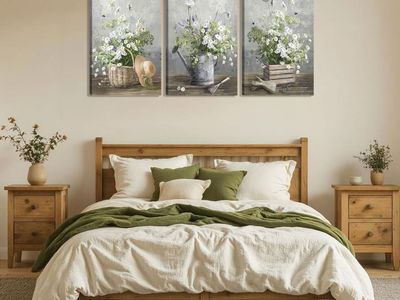 New! 3pcs Country Daisies Canvas Wall Art Countryside Flower Painting Picture Wall Decor Farmhouse Still Life Basket