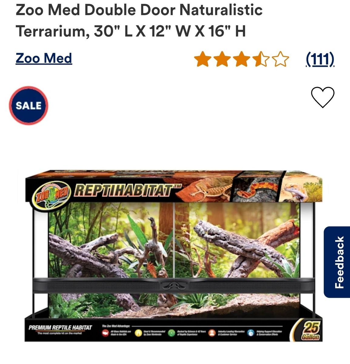 Zoo Med 25 Gallon Double Door Naturalistic Terrarium - 30"L x 12"W x 16"H ReptiHabitat