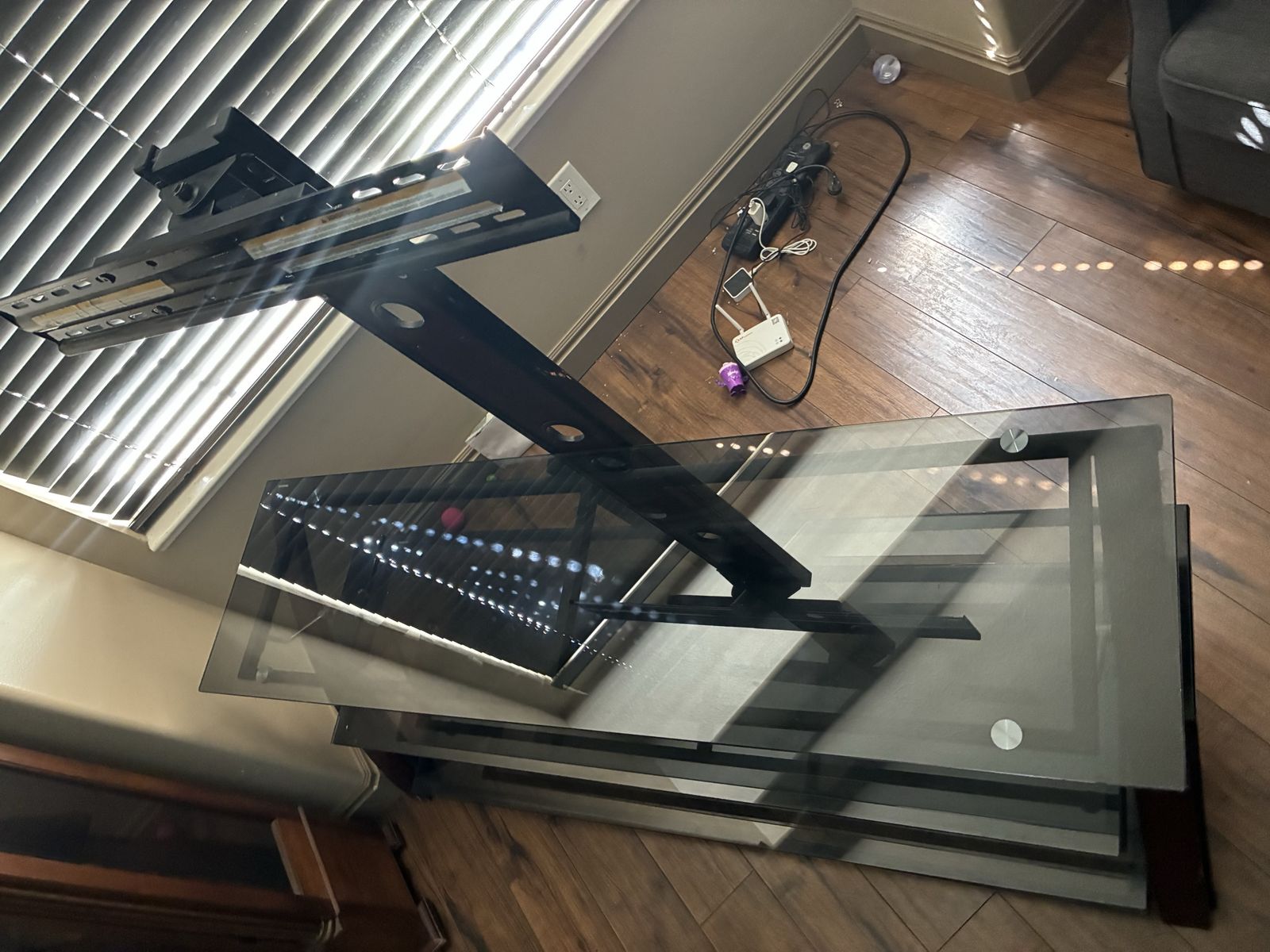 Glass TV Stand with Mount - Black and Wood Finish, Multi-Tier Shelving