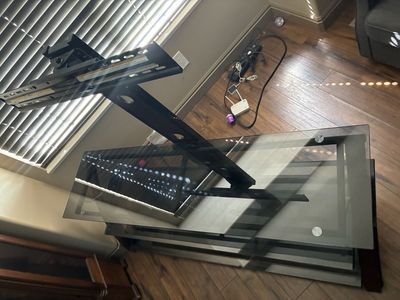 Glass TV Stand with Mount - Black and Wood Finish, Multi-Tier Shelving