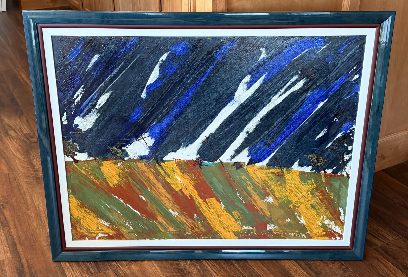 Estate sale - 40" x 30" oil painting with white matte and glossy teal wood frame