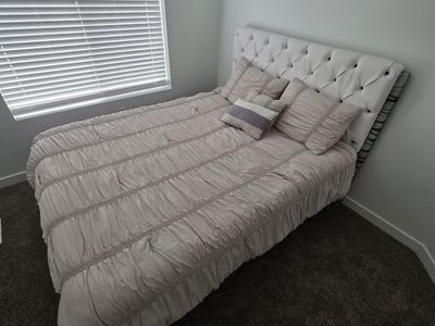 Queen Size Bed Frame - Tufted Headboard, Platform Style, White or Black. 500.00 Black and 400.00 white Including pillows and