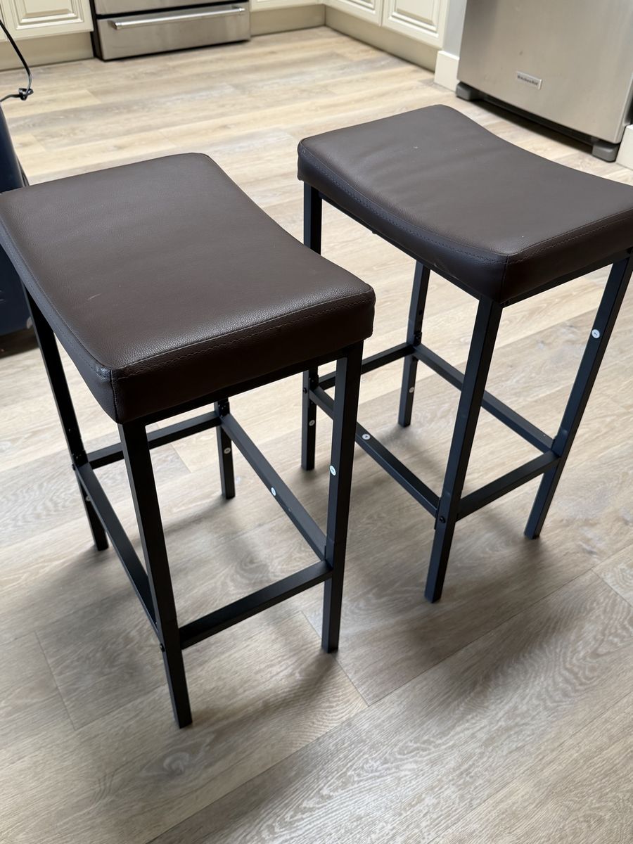 2 Brown Faux Leather & Black Metal Bar Stools - Saddle Seat Counter Height Chairs