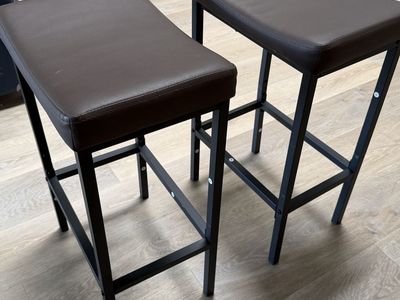 2 Brown Faux Leather & Black Metal Bar Stools - Saddle Seat Counter Height Chairs