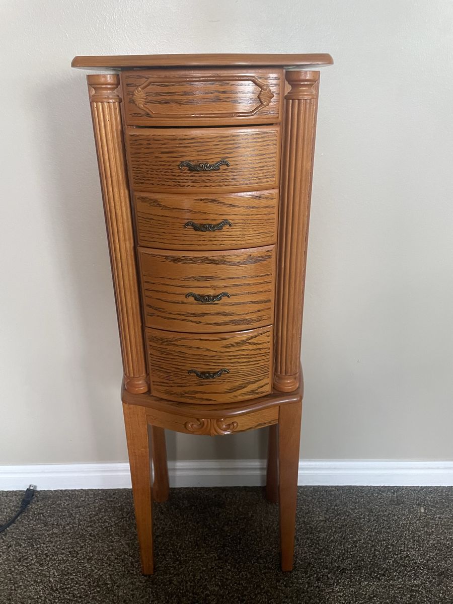 Vintage Oak Wood Jewelry Armoire / Tall Jewelry Box with 5 Drawers & Side Storage