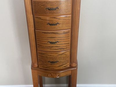Vintage Oak Wood Jewelry Armoire / Tall Jewelry Box with 5 Drawers & Side Storage