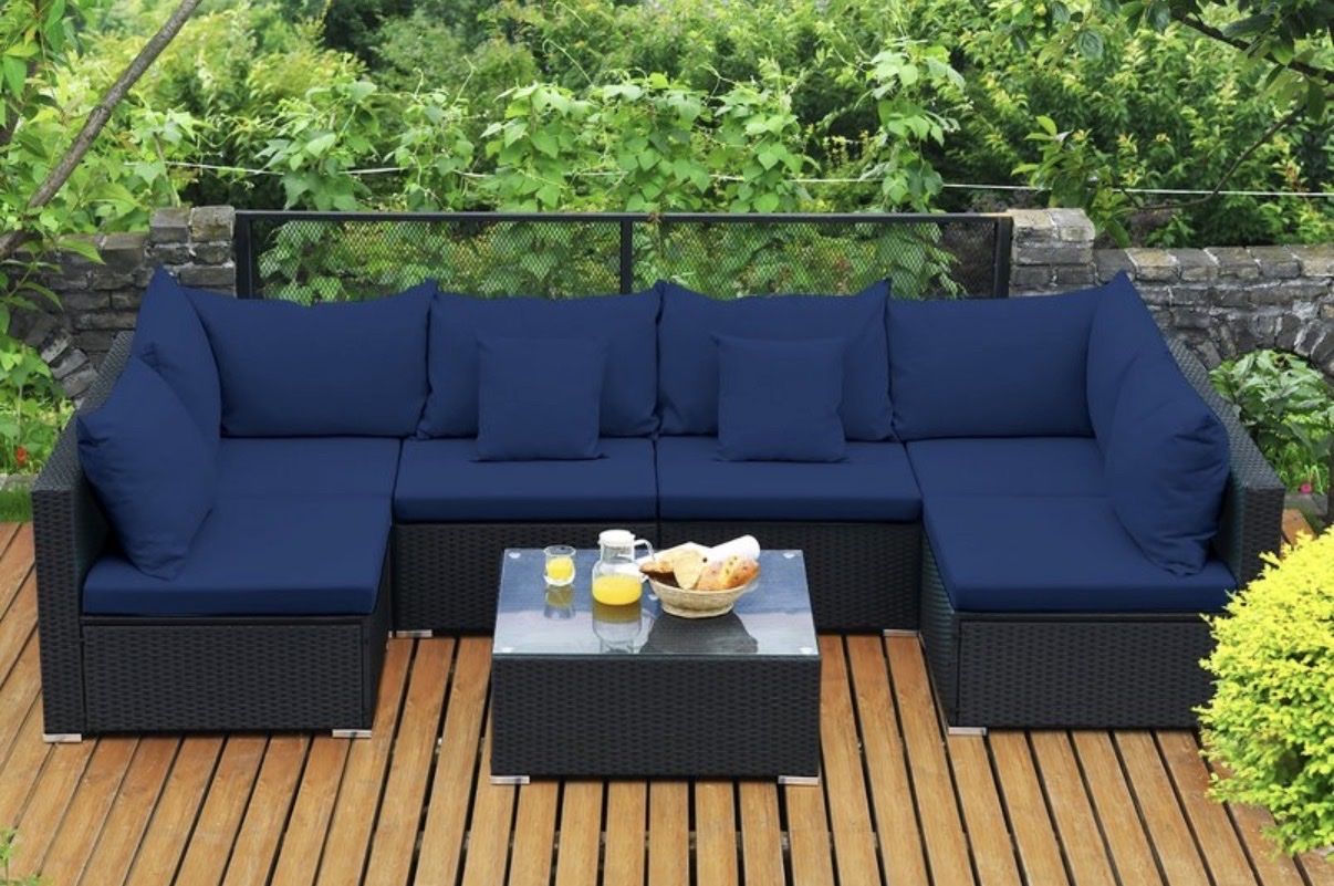 Patio set 7 piece sectional sofa chair coffee side table with glass topper blue cushions outdoor furniture