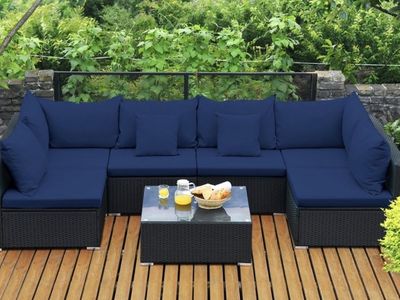 Patio set 7 piece sectional sofa chair coffee side table with glass topper blue cushions outdoor furniture