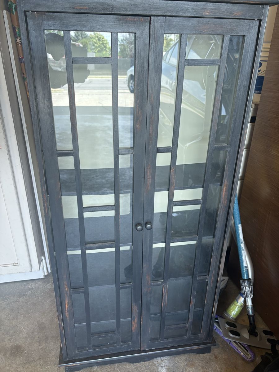 Black Wooden Display Cabinet with Glass Doors and Adjustable Shelves
