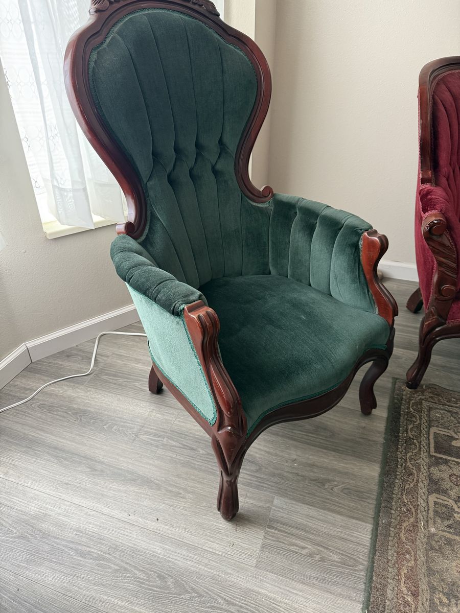 Victorian Style Green Velvet Accent Chairs (Set of 2) & Red Velvet Couch - Good Condition