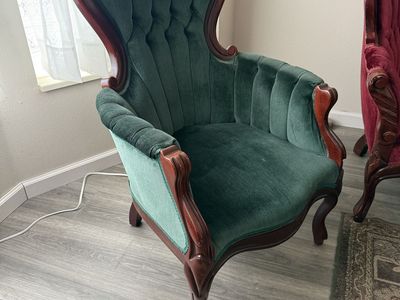 Victorian Style Green Velvet Accent Chairs (Set of 2) & Red Velvet Couch - Good Condition