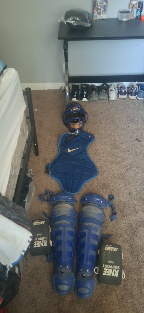 All-Star Youth Catcher's Gear Set: Helmet, Chest Protector, Shin Guards, Knee Support - Blue