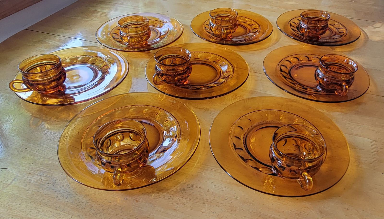 Vintage Amber Indiana Glass Kings Crown Thumbprint set of 8