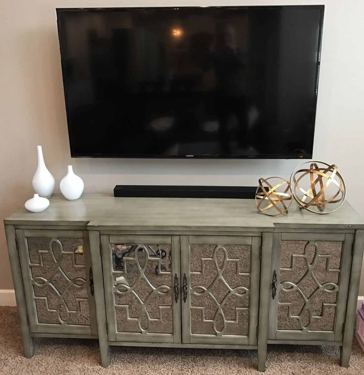 Distressed Grey Mirrored Credenza / TV Stand with Decorative Overlay