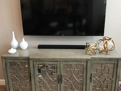 Distressed Grey Mirrored Credenza / TV Stand with Decorative Overlay