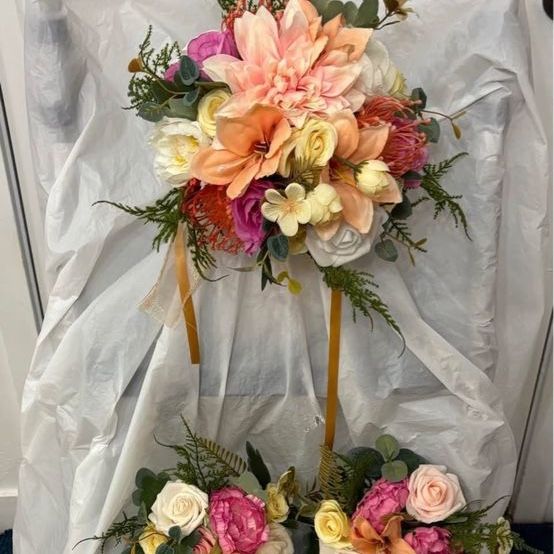Custom Artificial Flower Wedding Bouquet Set - Vibrant Pink, Orange, White & Green