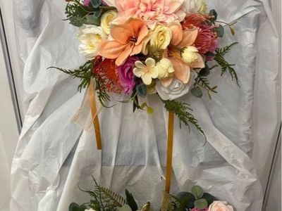 Custom Artificial Flower Wedding Bouquet Set - Vibrant Pink, Orange, White & Green