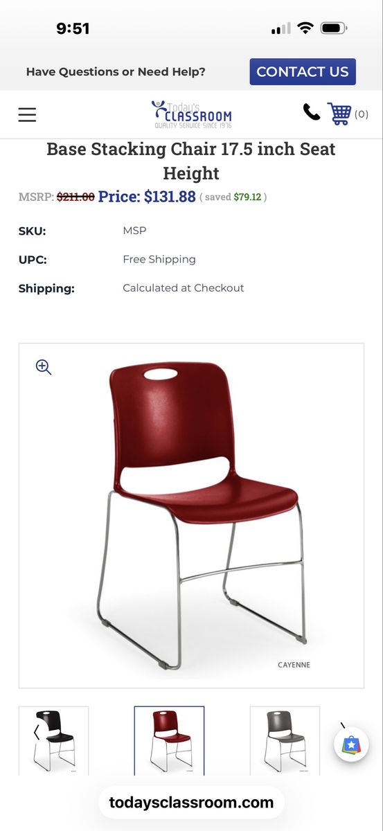 Today's Classroom Base Stacking Chair - 17.5" Seat Height, Red/Gray, Commercial Grade