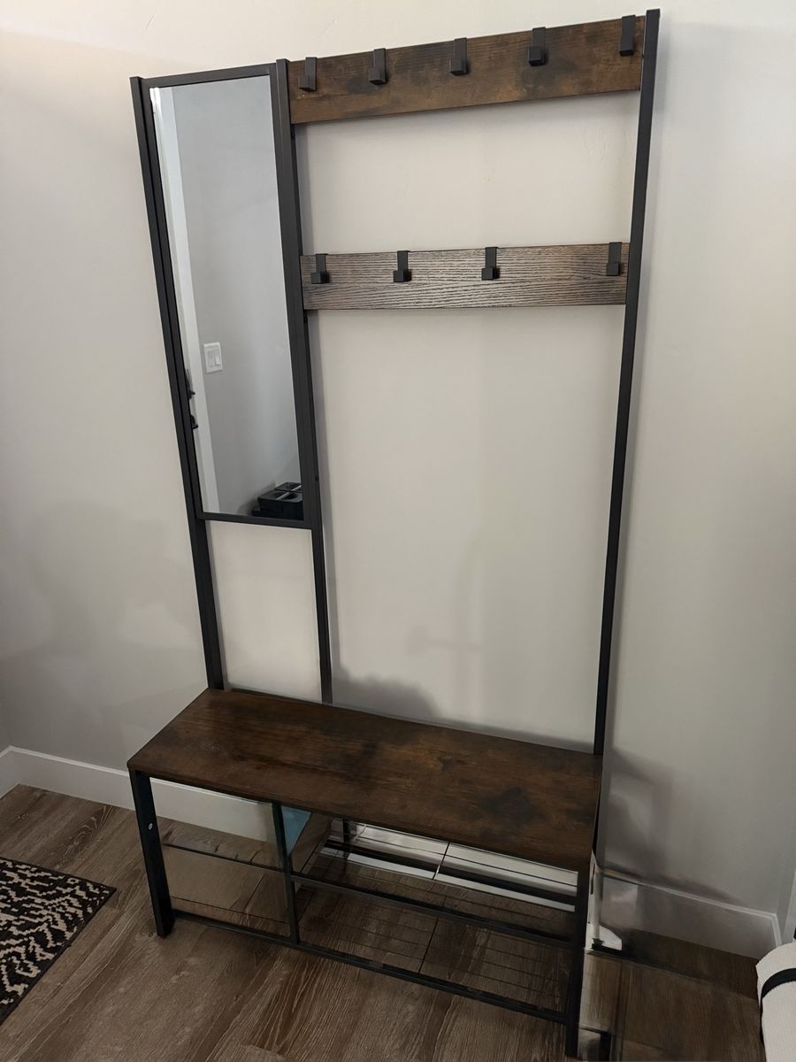 Industrial Hall Tree with Bench, Hooks, Mirror & Shoe Storage - Dark Wood & Metal