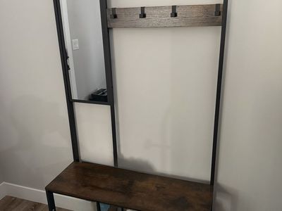 Industrial Hall Tree with Bench, Hooks, Mirror & Shoe Storage - Dark Wood & Metal