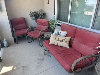 Outdoor Patio Furniture Set - Red Cushions, Metal Frame Sofa, & 4 Chairs, 2 Tables (7-Piece)