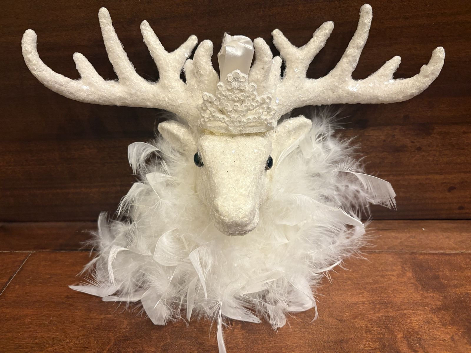 New White Stag Deer Head w/ Glitter, Feathers & a Crown