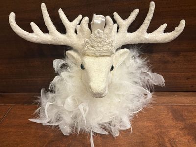 New White Stag Deer Head w/ Glitter, Feathers & a Crown