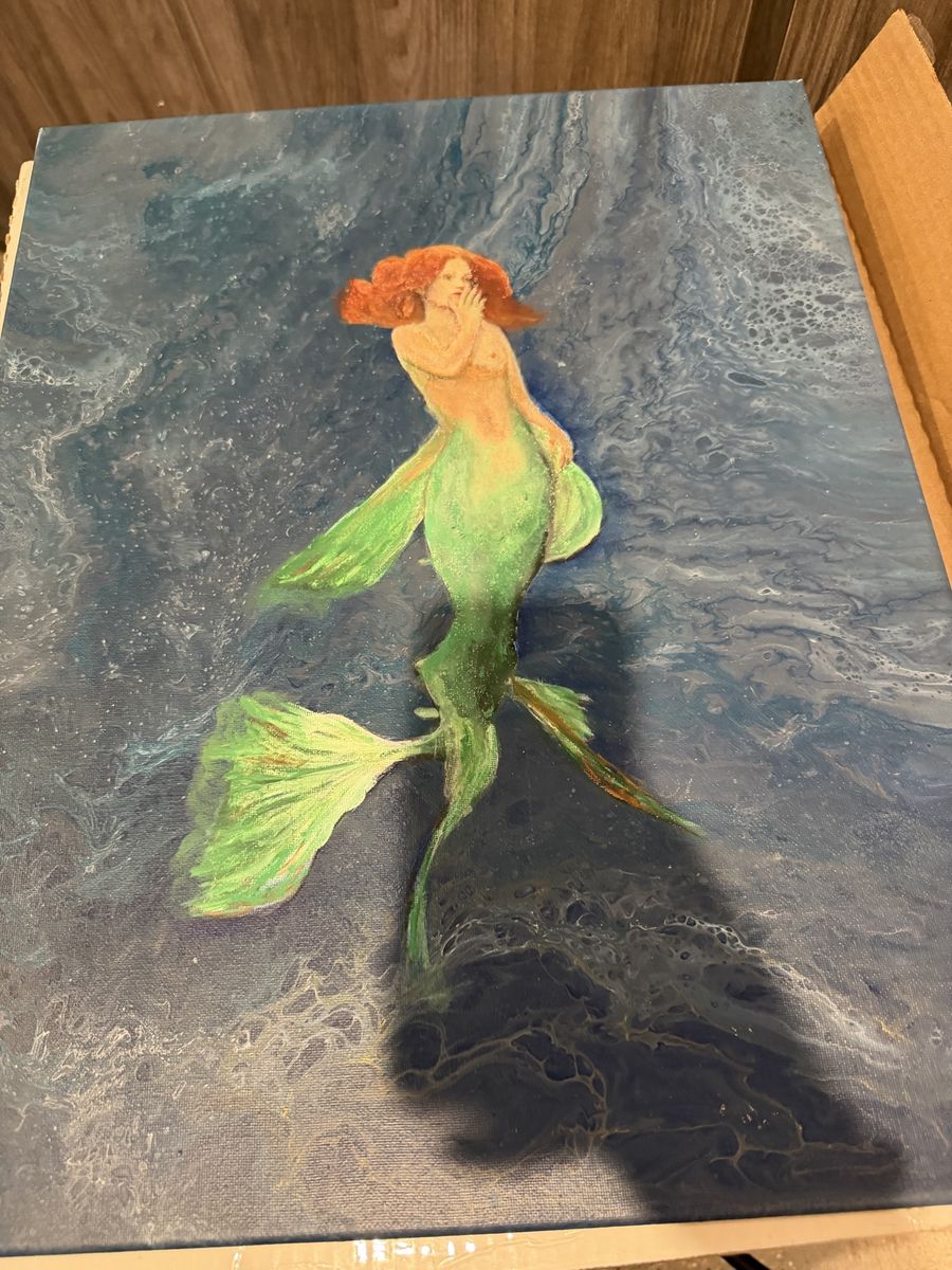 Original Mermaid Acrylic Fluid Pour Painting on Stretched Canvas