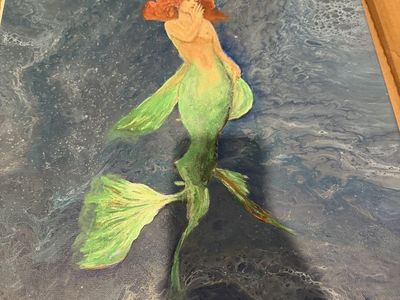 Original Mermaid Acrylic Fluid Pour Painting on Stretched Canvas