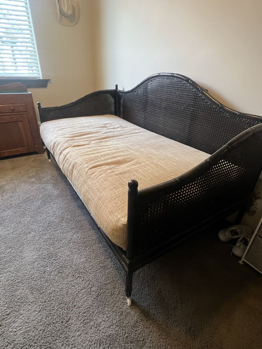 Twin Daybed Frame with Mattress - Cane Rattan Style, Black Finish, 78" L x 40" D