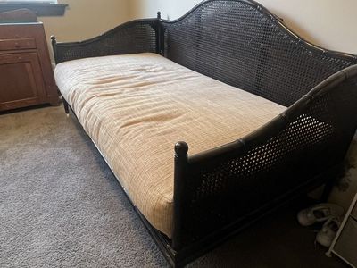 Twin Daybed Frame with Mattress - Cane Rattan Style, Black Finish, 78" L x 40" D
