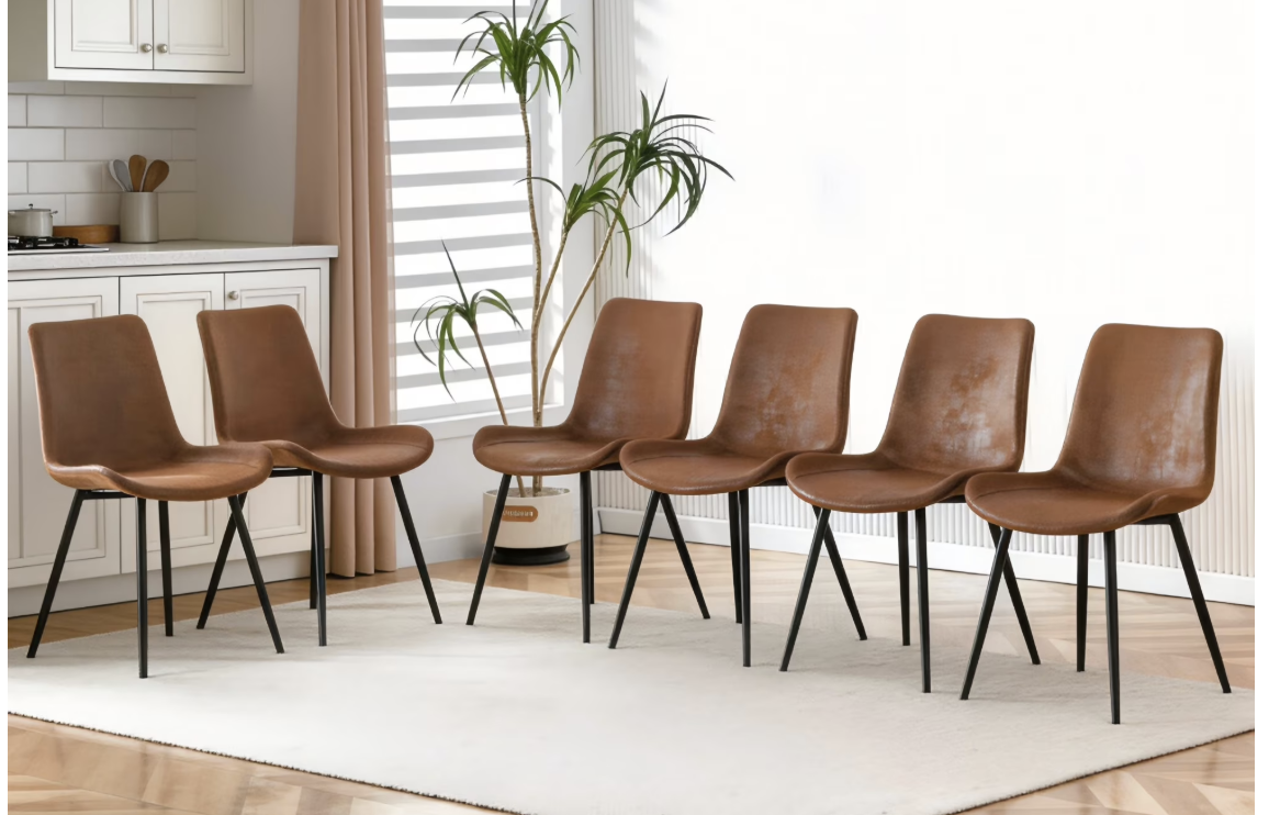 New in Box set of 6, Brown Faux Suede Dining Chairs, Upholstered Wide Sea