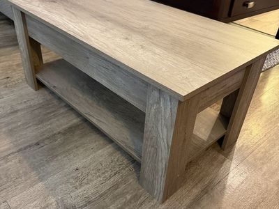 Gray Wood Grain Lift Top Coffee Table with Lower Shelf