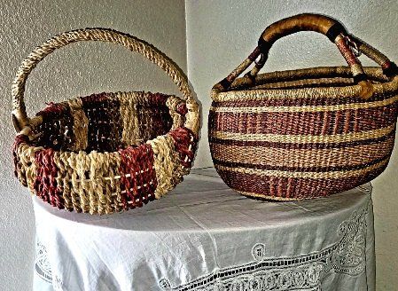 Pair, Used Woven Storage Baskets ; Handwoven Buttocks/Melon Basket and Handwoven African Bolgatanga (Bolga) Market Basket